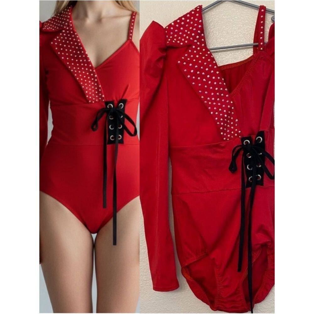 Kelle dance solo costume red rhinestoned asymmetrical one sleeve leotard Teen SA